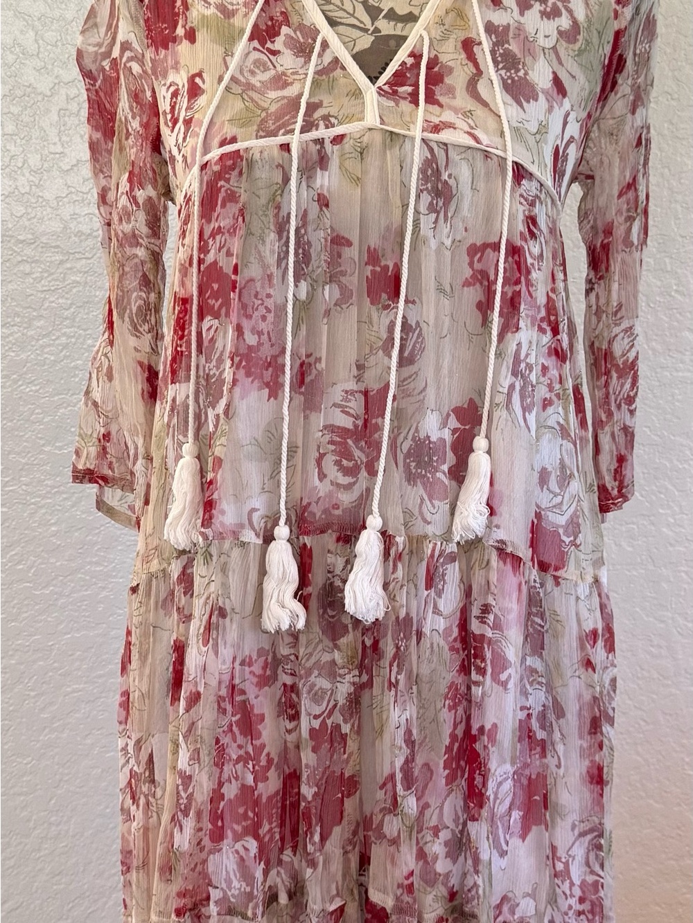 Christy Dawn Silk Paloma Rose and Cream Floral Tassel Tiered Midi Dress